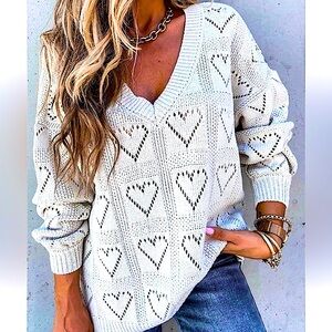 🆕🤍SHEWIN: White Heart Shape Hollow-out Sweater SMALL